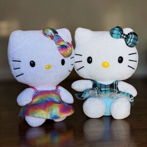 Sanrio Hello Kitty Plush Blue Plaid Rainbow Dress TY Beanie Babies Toy